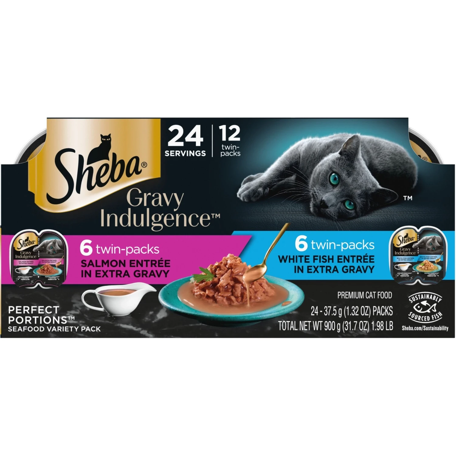 Sheba Gravy Indulgence Salmon & White Fish In Gravy Variety Pack Grain-Free Adult Wet Cat Food, 2.64-oz Can, Case Of 12 1 Sheba Gravy Indulgence Salmon & White Fish In Gravy Variety Pack Grain-Free Adult Wet Cat Food, 2.64-oz Can, Case Of 12