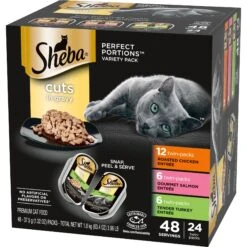 Sheba Perfect Portions Grain-Free Roasted Chicken, Gourmet Salmon & Tender Turkey Cuts In Gravy Variety Pack Adult Wet Cat Food Trays