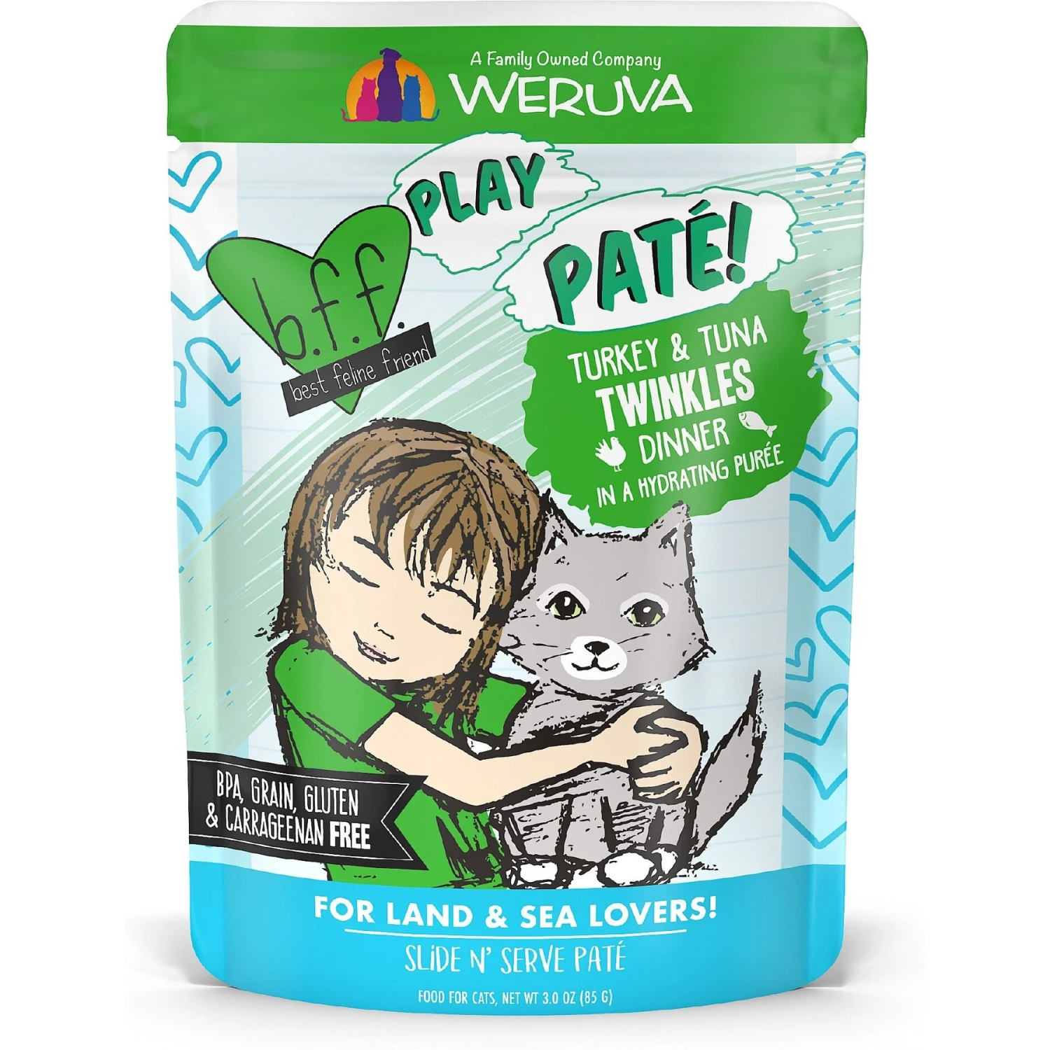 BFF Play Pate Lovers Turkey & Tuna Twinkles Wet Cat Food, 3-oz Pouch, Pack Of 12 1 BFF Play Pate Lovers Turkey & Tuna Twinkles Wet Cat Food, 3-oz Pouch, Pack Of 12