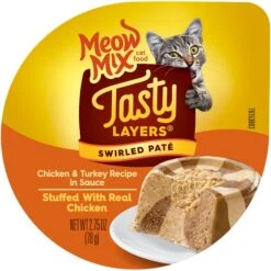 Meow Mix Tasty Layers Chicken & Turkey Recipe Stuffed With Real Chicken Swirled Paté Cat Food, 2.75-oz Can, Case Of 12