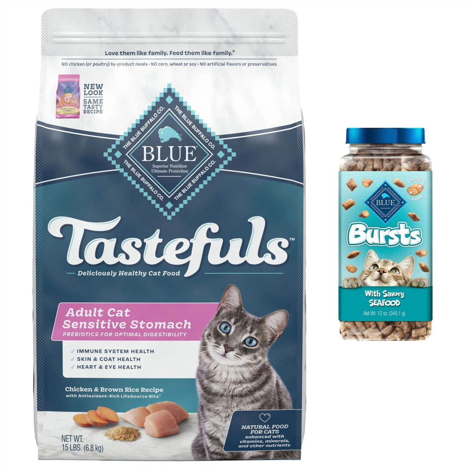 Blue Buffalo Tastefuls Sensitive Stomach Natural Chicken Adult Dry Cat Food & Blue Buffalo Bursts With Savory Seafood Cat Treats 1 Blue Buffalo Tastefuls Sensitive Stomach Natural Chicken Adult Dry Cat Food & Blue Buffalo Bursts With Savory Seafood Cat Treats