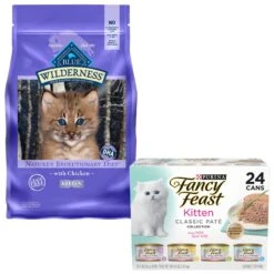 Blue Buffalo Wilderness High Protein Natural Grain-Free Chicken Kitten Dry Cat Food & Fancy Feast Tender Feast Variety Pack Canned Kitten Food
