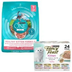 Fancy Feast Tender Feast Variety Pack Canned Kitten Food & Purina ONE +Plus Healthy Kitten Formula Natural Dry Cat Food