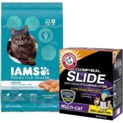 Iams ProActive Health Indoor Weight & Hairball Care Adult Dry Cat Food & Arm & Hammer Litter Slide Multi-Cat Scented Clumping Clay Cat Litter
