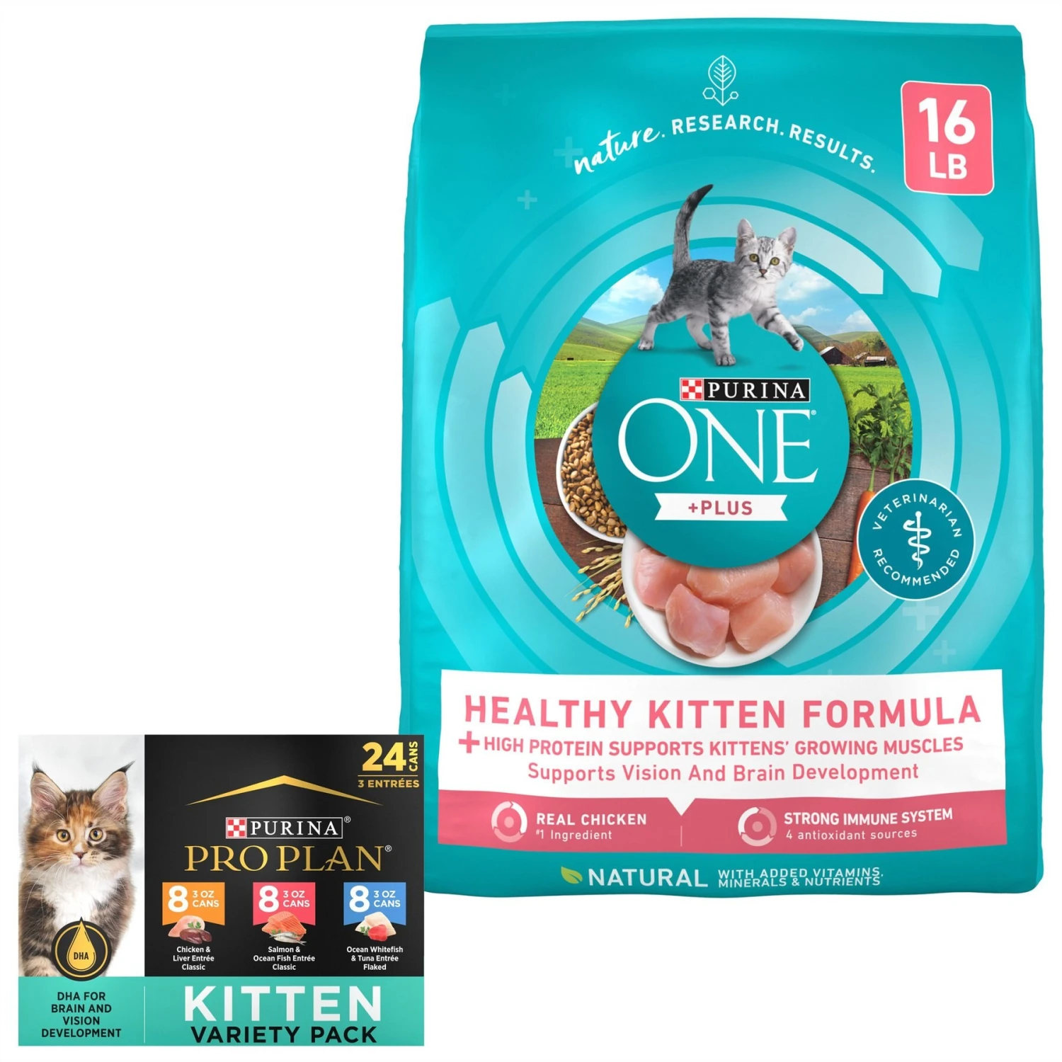 Purina ONE +Plus Healthy Kitten Formula Natural Dry Cat Food & Purina Pro Plan Focus Kitten Favorites Variety Pack Canned Cat Food 1 Purina ONE +Plus Healthy Kitten Formula Natural Dry Cat Food & Purina Pro Plan Focus Kitten Favorites Variety Pack Canned Cat Food