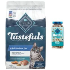 Blue Buffalo Tastefuls Chicken Indoor Natural Adult Dry Cat Food & Blue Buffalo Bursts With Savory Seafood Cat Treats
