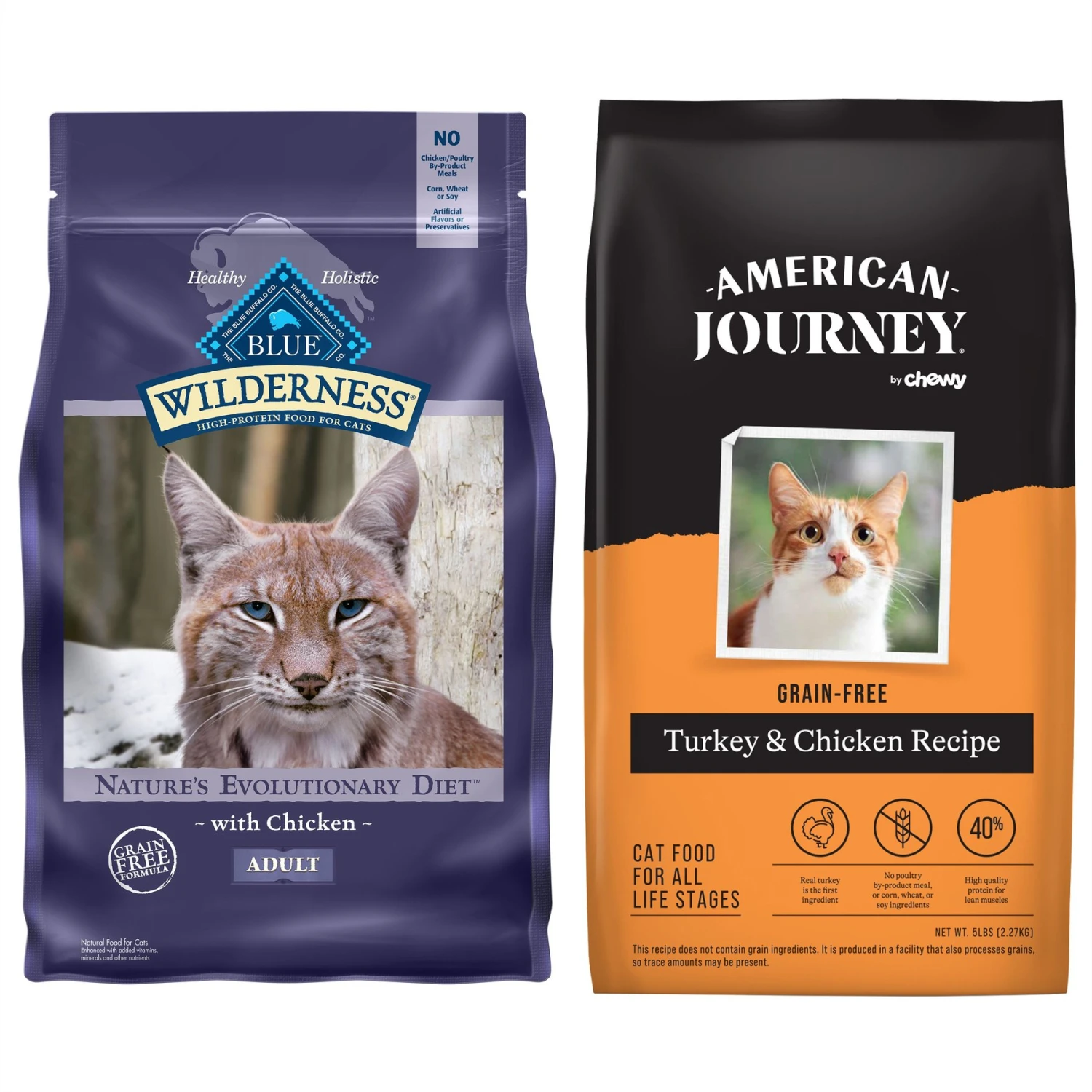 American Journey Turkey & Chicken Recipe Grain-Free Dry Cat Food & Blue Buffalo Wilderness Chicken Recipe Grain-Free Dry Cat Food 1 American Journey Turkey & Chicken Recipe Grain-Free Dry Cat Food & Blue Buffalo Wilderness Chicken Recipe Grain-Free Dry Cat Food