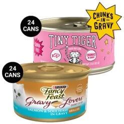 Tiny Tiger Chunks In Gravy Salmon & Whitefish Recipe Grain-Free Canned Cat Food & Fancy Feast Gravy Lovers Salmon & Sole Feast In Seared Salmon Flavor Gravy Gourmet Wet Cat Food
