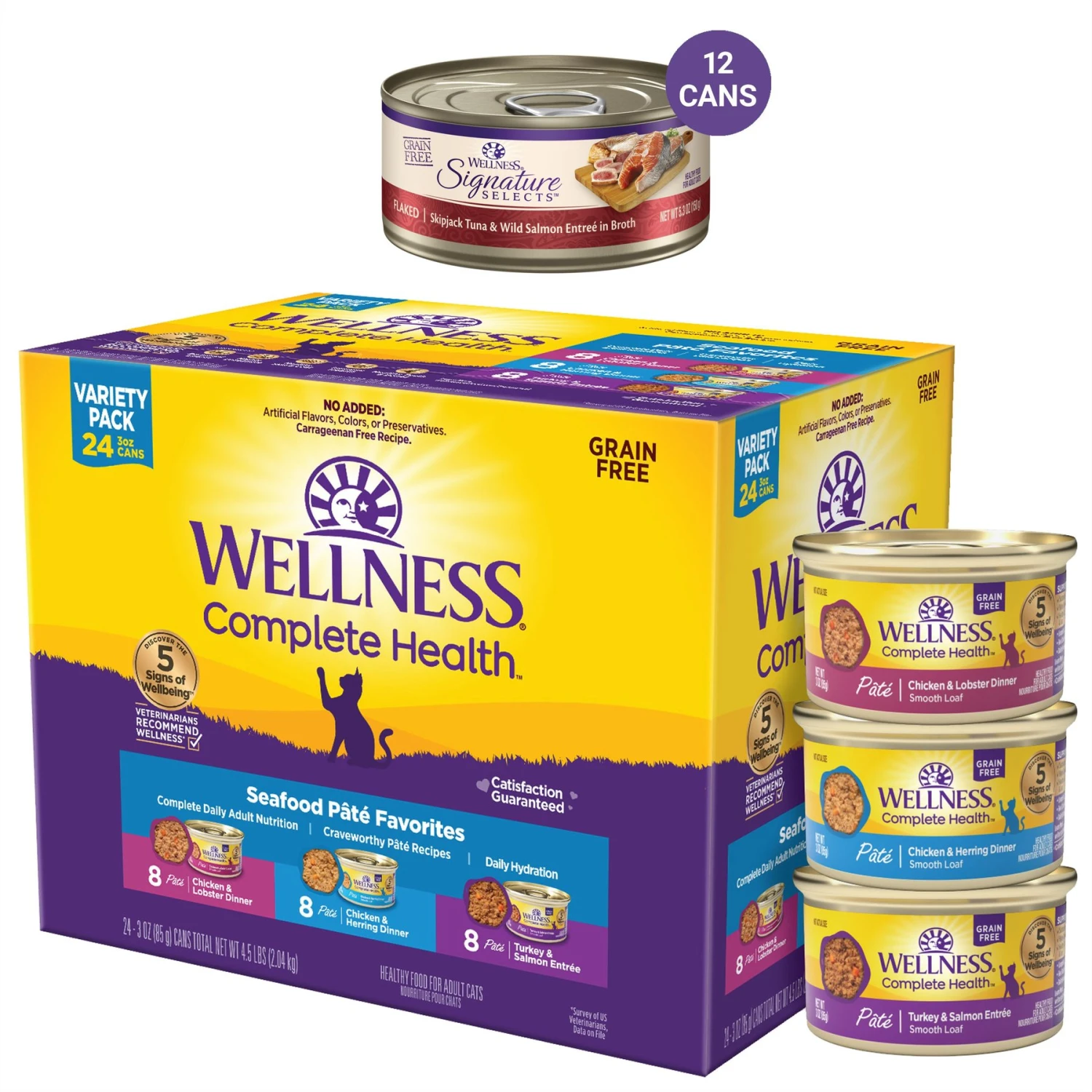 Wellness Seafood Pate Favorites Canned Cat Food, 3-oz, Case Of 24 & Wellness CORE Signature Selects Flaked Skipjack Tuna & Wild Salmon Entree In Broth Grain-Free Canned Cat Food 1 Wellness Seafood Pate Favorites Canned Cat Food, 3-oz, Case Of 24 & Wellness CORE Signature Selects Flaked Skipjack Tuna & Wild Salmon Entree In Broth Grain-Free Canned Cat Food