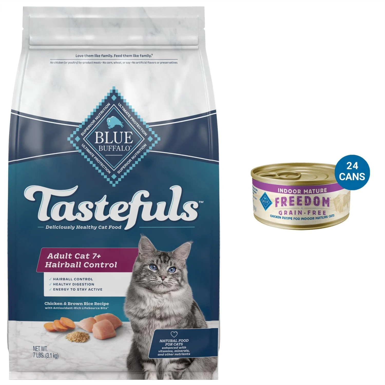 Blue Buffalo Tastefuls Hairball Control Natural Chicken & Brown Rice Recipe Adult 7+ Dry Cat Food & Blue Buffalo Freedom Indoor Mature Chicken Recipe Grain-Free Canned Cat Food 1 Blue Buffalo Tastefuls Hairball Control Natural Chicken & Brown Rice Recipe Adult 7+ Dry Cat Food & Blue Buffalo Freedom Indoor Mature Chicken Recipe Grain-Free Canned Cat Food