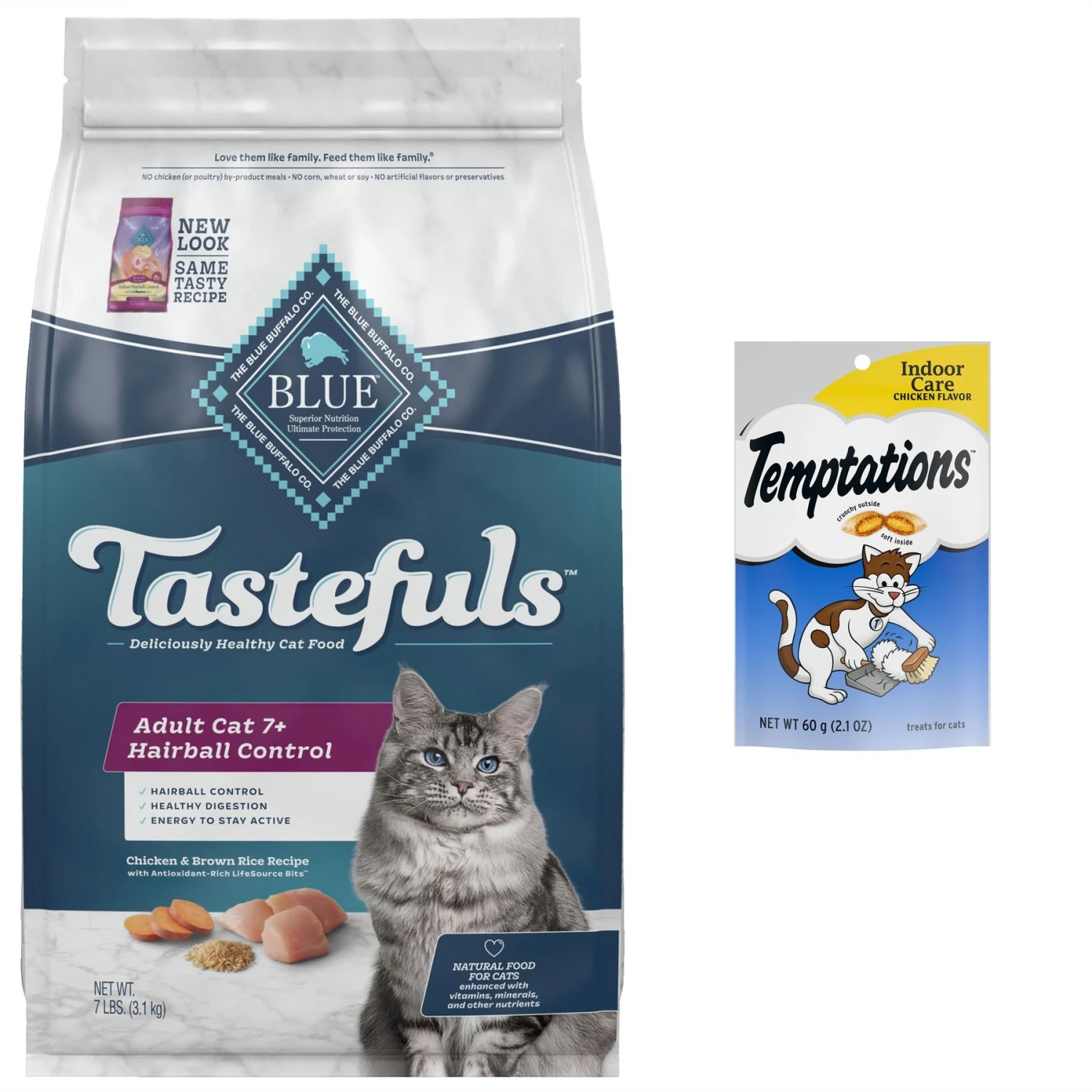 Blue Buffalo Tastefuls Hairball Control Natural Chicken & Brown Rice Recipe Adult 7+ Dry Cat Food & Temptations Indoor Care Chicken Flavor Soft & Crunchy Cat Treats 1 Blue Buffalo Tastefuls Hairball Control Natural Chicken & Brown Rice Recipe Adult 7+ Dry Cat Food & Temptations Indoor Care Chicken Flavor Soft & Crunchy Cat Treats
