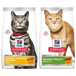 Hill's Science Diet Adult 7+ Senior Vitality Chicken Recipe Dry Cat Food & Hill's Science Diet Adult Urinary Hairball Control Dry Cat Food