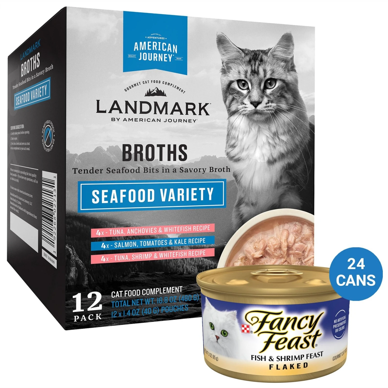Fancy Feast Flaked Fish & Shrimp Feast Canned Cat Food & American Journey Landmark Broths Seafood Variety Pack Wet Cat Food Complement Pouches 1 Fancy Feast Flaked Fish & Shrimp Feast Canned Cat Food & American Journey Landmark Broths Seafood Variety Pack Wet Cat Food Complement Pouches