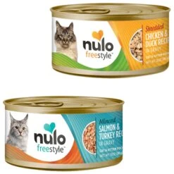 Nulo Freestyle Minced Salmon & Turkey In Gravy Grain-Free Canned Cat & Kitten Food & Nulo Freestyle Shredded Chicken & Duck In Gravy Grain-Free Canned Cat Food