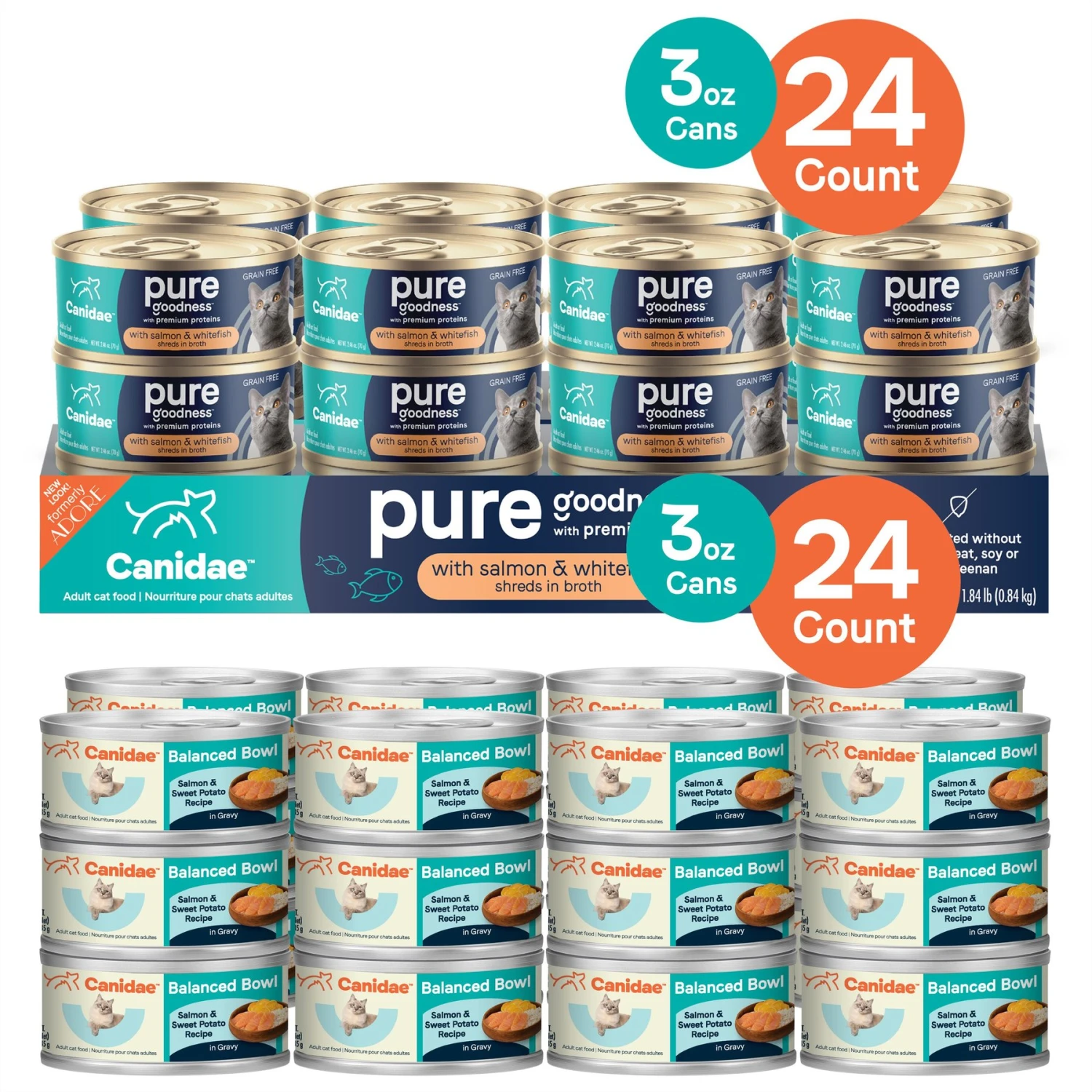CANIDAE Balanced Bowl Salmon & Sweet Potato Recipe In Gravy Wet Cat Food, 3-oz Can, Case Of 24 & CANIDAE Adore Grain-Free Salmon & Whitefish In Broth Canned Cat Food 1 CANIDAE Balanced Bowl Salmon & Sweet Potato Recipe In Gravy Wet Cat Food, 3-oz Can, Case Of 24 & CANIDAE Adore Grain-Free Salmon & Whitefish In Broth Canned Cat Food