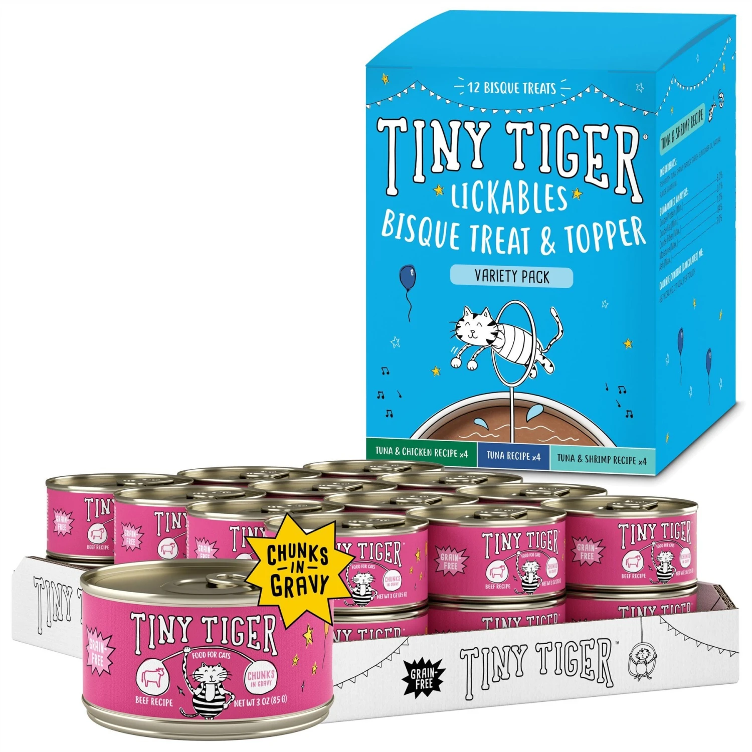 Tiny Tiger Chunks In Gravy Beef Recipe Grain-Free Canned Cat Food & Tiny Tiger, Lickables, Variety Pack, Bisque Cat Treat & Topper 1 Tiny Tiger Chunks In Gravy Beef Recipe Grain-Free Canned Cat Food & Tiny Tiger, Lickables, Variety Pack, Bisque Cat Treat & Topper