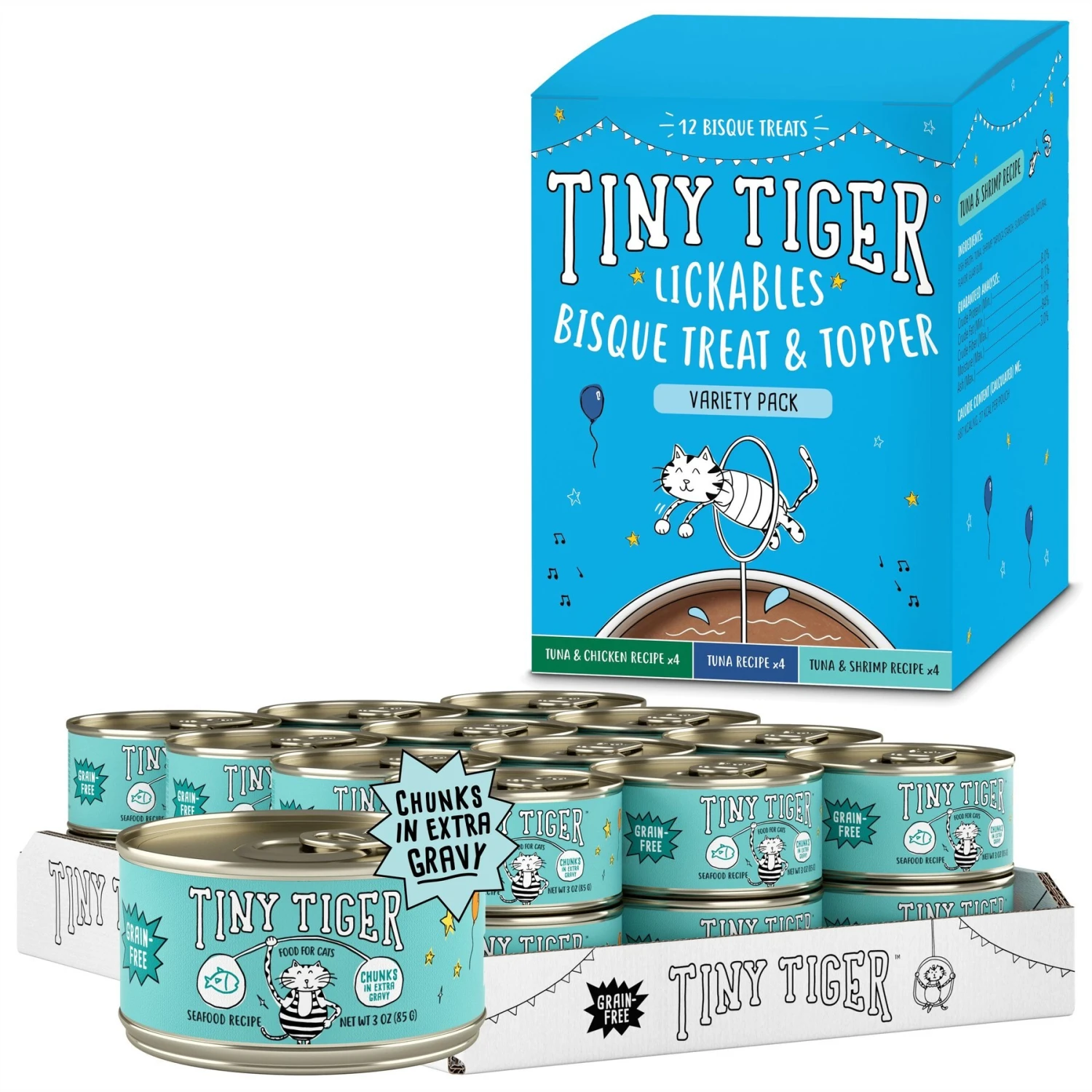 Tiny Tiger Chunks In EXTRA Gravy Seafood Recipe Grain-Free Canned Cat Food & Tiny Tiger, Lickables, Variety Pack, Bisque Cat Treat & Topper 1 Tiny Tiger Chunks In EXTRA Gravy Seafood Recipe Grain-Free Canned Cat Food & Tiny Tiger, Lickables, Variety Pack, Bisque Cat Treat & Topper