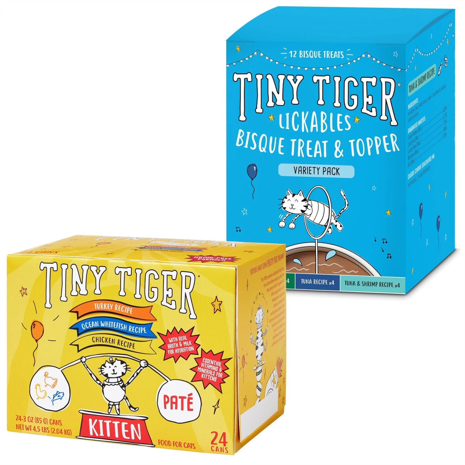Tiny Tiger, Kitten Classic, Variety Pack, Whitefish & Poultry Pate Recipe, Canned Cat Food & Tiny Tiger, Lickables, Variety Pack, Bisque Cat Treat & Topper 1 Tiny Tiger, Kitten Classic, Variety Pack, Whitefish & Poultry Pate Recipe, Canned Cat Food & Tiny Tiger, Lickables, Variety Pack, Bisque Cat Treat & Topper