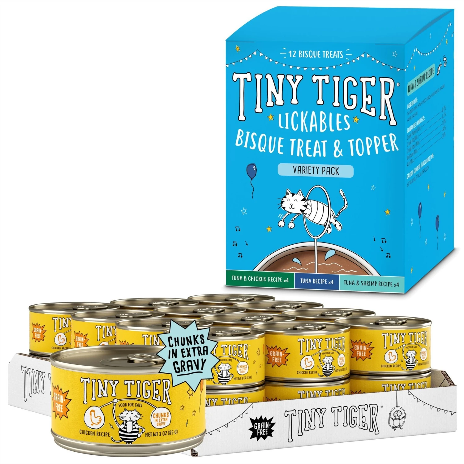 Tiny Tiger Chunks In EXTRA Gravy Chicken Recipe Grain-Free Canned Cat Food & Tiny Tiger, Lickables, Variety Pack, Bisque Cat Treat & Topper 1 Tiny Tiger Chunks In EXTRA Gravy Chicken Recipe Grain-Free Canned Cat Food & Tiny Tiger, Lickables, Variety Pack, Bisque Cat Treat & Topper