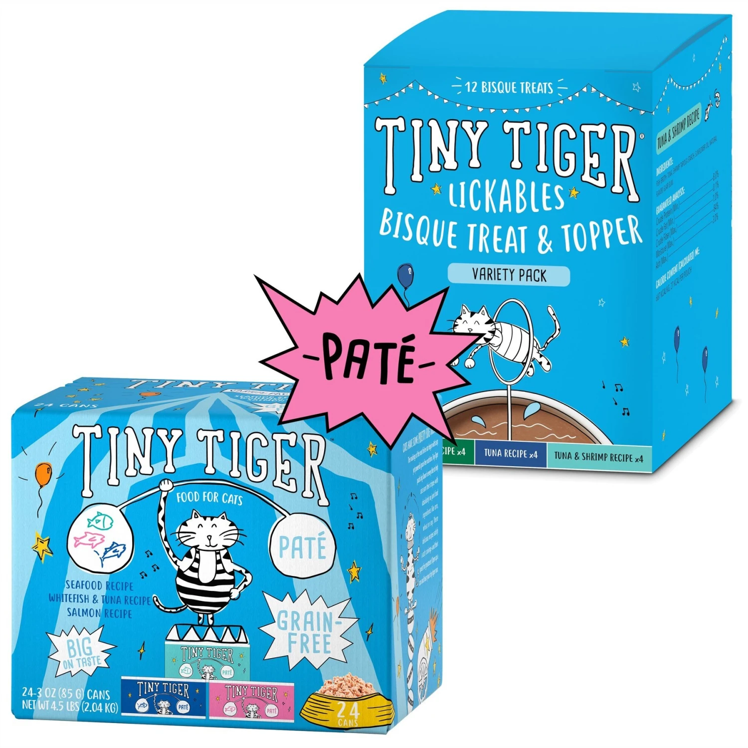 Tiny Tiger Pate Seafood Recipes Variety Pack Grain-Free Canned Cat Food & Tiny Tiger, Lickables, Variety Pack, Bisque Cat Treat & Topper 1 Tiny Tiger Pate Seafood Recipes Variety Pack Grain-Free Canned Cat Food & Tiny Tiger, Lickables, Variety Pack, Bisque Cat Treat & Topper
