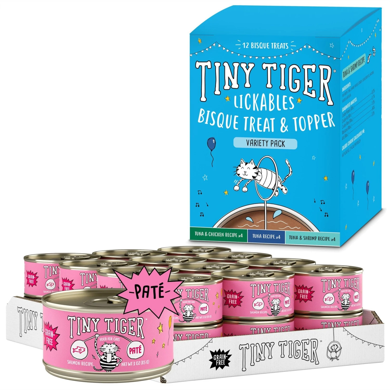 Tiny Tiger Pate Salmon Recipe Grain-Free Canned Cat Food & Tiny Tiger, Lickables, Variety Pack, Bisque Cat Treat & Topper 1 Tiny Tiger Pate Salmon Recipe Grain-Free Canned Cat Food & Tiny Tiger, Lickables, Variety Pack, Bisque Cat Treat & Topper