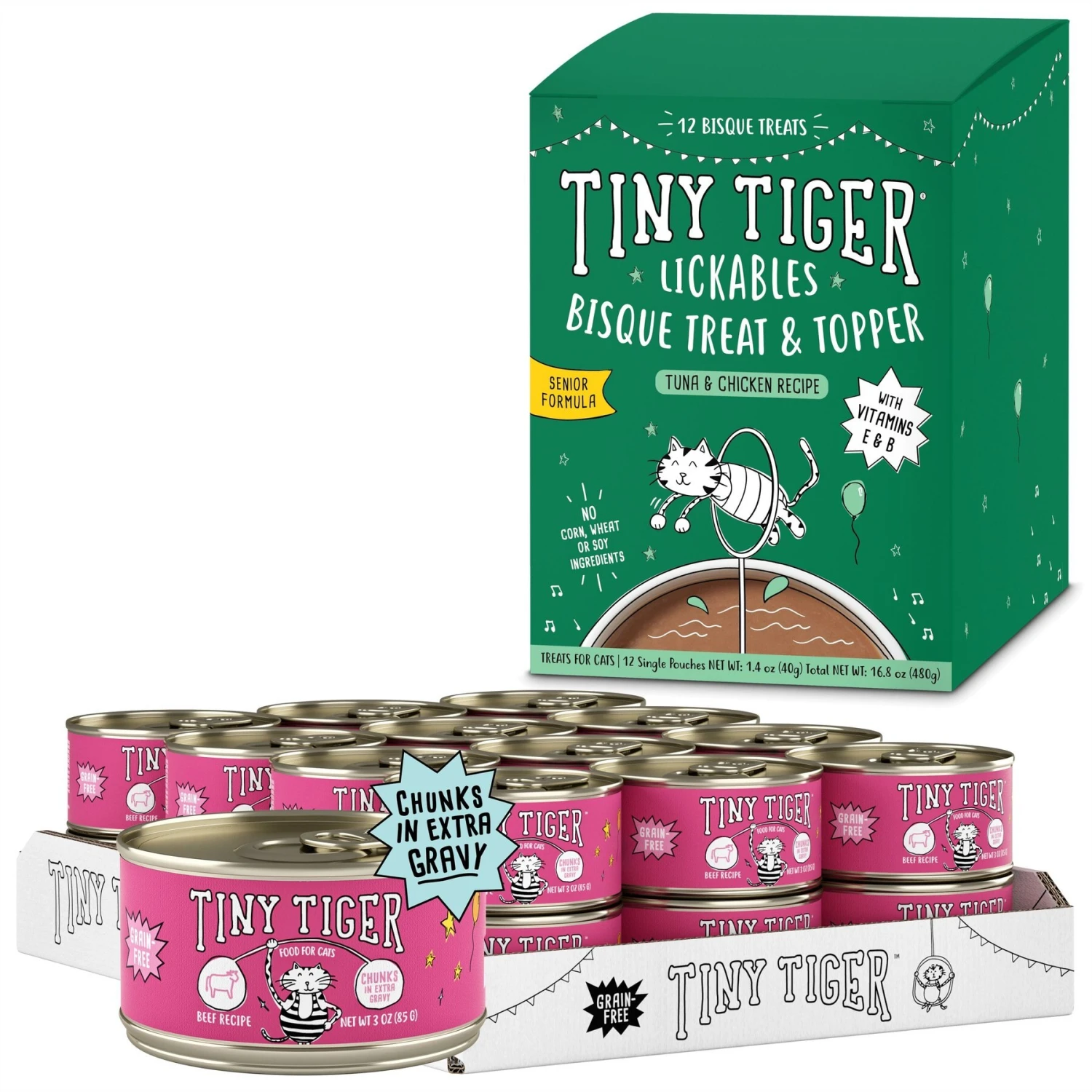 Tiny Tiger Chunks In EXTRA Gravy Beef Recipe Grain-Free Canned Cat Food & Tiny Tiger Lickables, Senior Formula, Tuna & Chicken Recipe, Bisque Cat Treat & Topper 1 Tiny Tiger Chunks In EXTRA Gravy Beef Recipe Grain-Free Canned Cat Food & Tiny Tiger Lickables, Senior Formula, Tuna & Chicken Recipe, Bisque Cat Treat & Topper