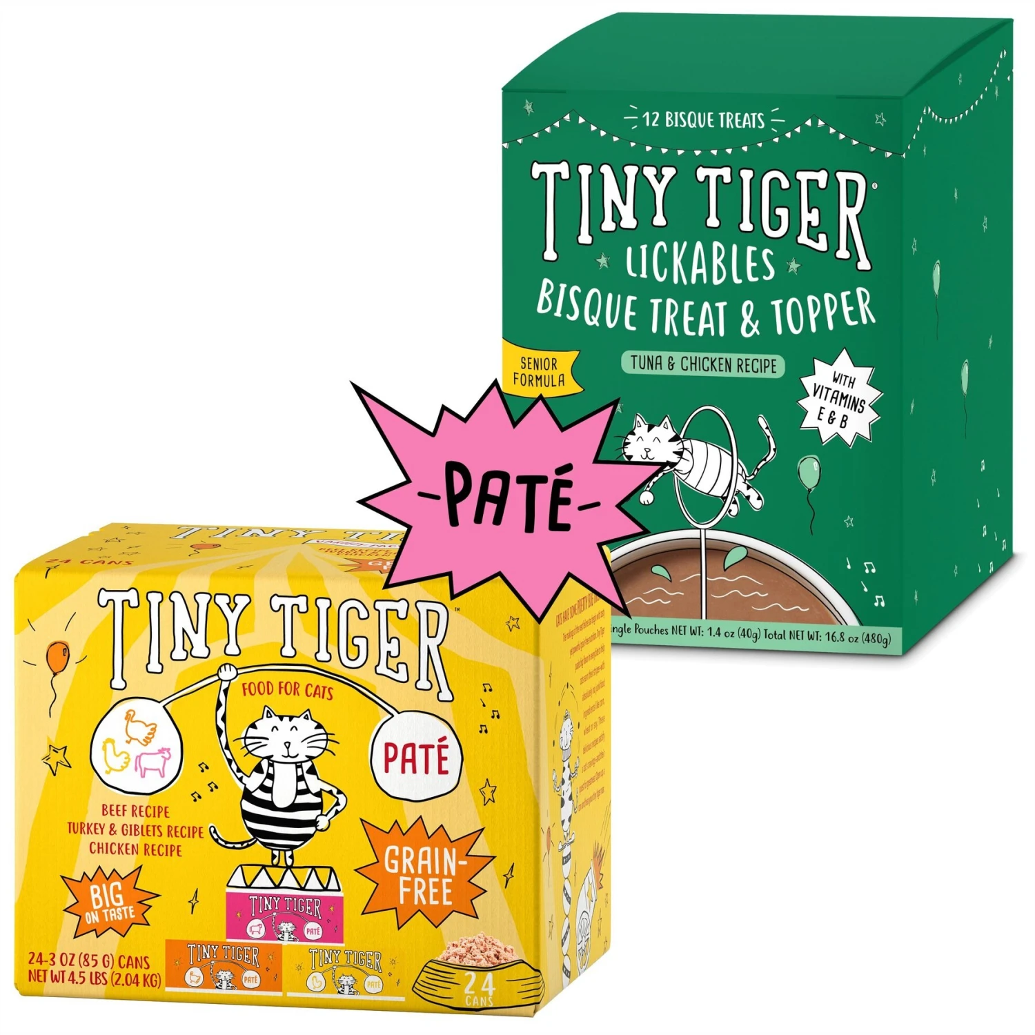 Tiny Tiger Pate Beef & Poultry Recipes Variety Pack Grain-Free Canned Cat Food & Tiny Tiger Lickables, Senior Formula, Tuna & Chicken Recipe, Bisque Cat Treat & Topper 1 Tiny Tiger Pate Beef & Poultry Recipes Variety Pack Grain-Free Canned Cat Food & Tiny Tiger Lickables, Senior Formula, Tuna & Chicken Recipe, Bisque Cat Treat & Topper