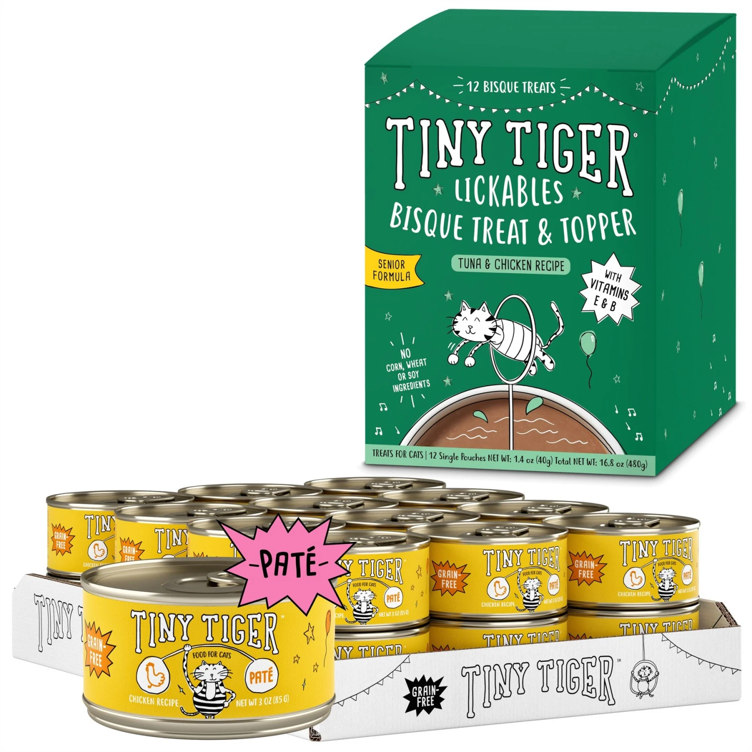 Tiny Tiger Pate Chicken Recipe Grain-Free Canned Cat Food & Tiny Tiger Lickables, Senior Formula, Tuna & Chicken Recipe, Bisque Cat Treat & Topper 1 Tiny Tiger Pate Chicken Recipe Grain-Free Canned Cat Food & Tiny Tiger Lickables, Senior Formula, Tuna & Chicken Recipe, Bisque Cat Treat & Topper
