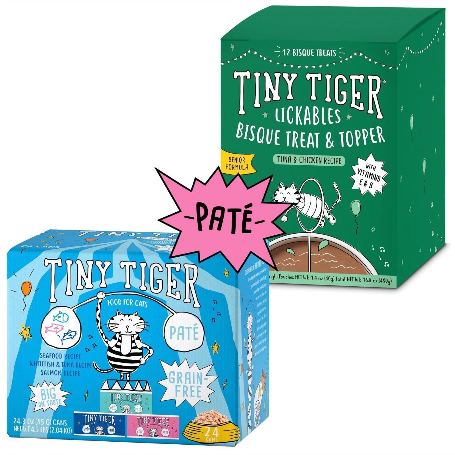 Tiny Tiger Pate Seafood Recipes Variety Pack Grain-Free Canned Cat Food & Tiny Tiger Lickables, Senior Formula, Tuna & Chicken Recipe, Bisque Cat Treat & Topper 1 Tiny Tiger Pate Seafood Recipes Variety Pack Grain-Free Canned Cat Food & Tiny Tiger Lickables, Senior Formula, Tuna & Chicken Recipe, Bisque Cat Treat & Topper