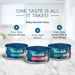 Blue Buffalo Tastefuls Salmon, Chicken, Ocean Fish & Tuna Entrées Variety Pack Pate Wet Cat Food, 3-oz Can, Case Of 12 & Blue Buffalo Tastefuls Tuna, Chicken, Fish & Shrimp Entrées Variety Pack Flaked Wet Cat Food -Wellness Sales 662622 PT3. AC SS1800 V1667327418