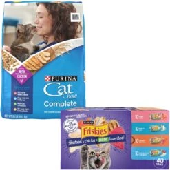 Purina Friskies Seafood & Chicken Pate Favorites Variety Pack Wet Cat Food, 5.5-oz Can, Case Of 40 & Cat Chow Complete With Chicken & Vitamins Dry Cat Food