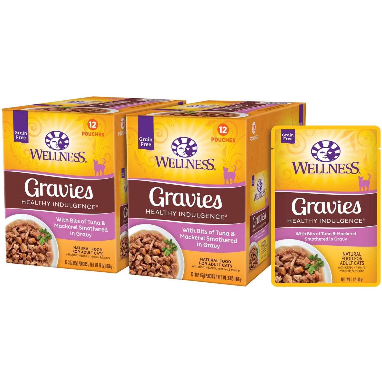 Wellness Healthy Indulgence Gravies With Bits Of Tuna & Mackerel Smothered In Gravy Grain-Free Wet Cat Food Pouches 1 Wellness Healthy Indulgence Gravies With Bits Of Tuna & Mackerel Smothered In Gravy Grain-Free Wet Cat Food Pouches