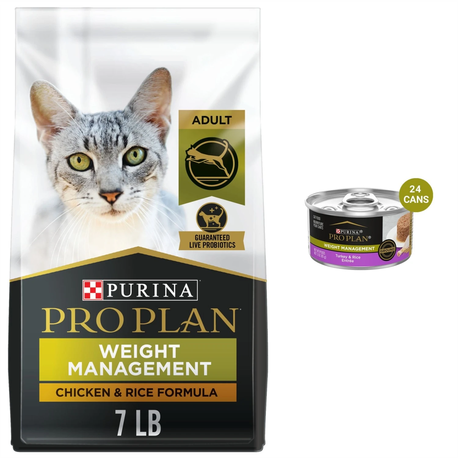 Purina Pro Plan Adult Weight Management Chicken & Rice Formula Dry Cat Food & Purina Pro Plan Focus Adult Weight Management Ground Turkey & Rice Entree Canned Cat Food 1 Purina Pro Plan Adult Weight Management Chicken & Rice Formula Dry Cat Food & Purina Pro Plan Focus Adult Weight Management Ground Turkey & Rice Entree Canned Cat Food